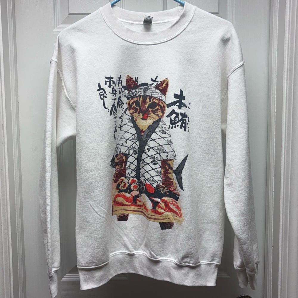 White Graphic Cat Sweatshirt | Japanese Art Print | Size M